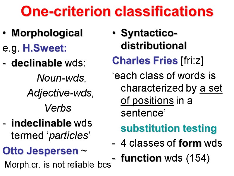 One-criterion classifications Morphological e.g. H.Sweet: declinable wds:    Noun-wds,   